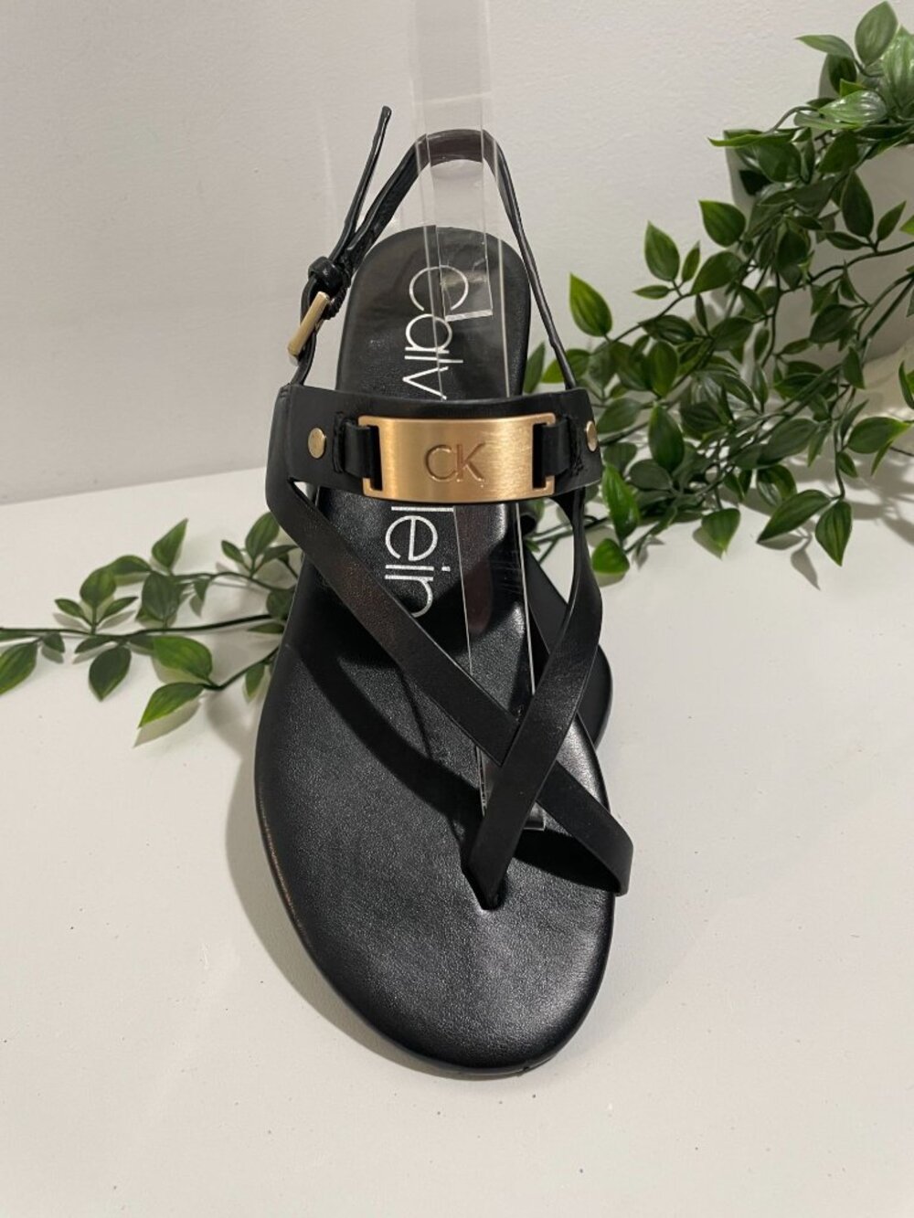 Calvin Klein Black Leather Sandals With Gold Accent Straps Womens Size 7M